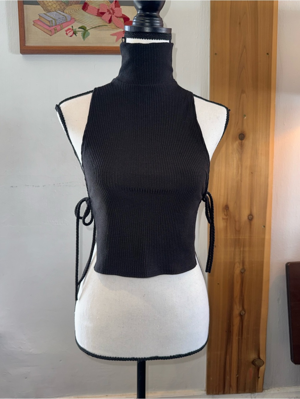 Ribbed Sleeveless High Neck Crop Top with Side Ties